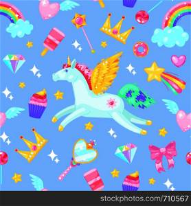Seamless pattern with unicorns,hearts,dresses,candies, clouds, rainbows and other elements on blue background.