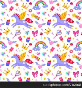 Seamless pattern with unicorns,hearts,dresses,candies, clouds, rainbows and other elements on white background.