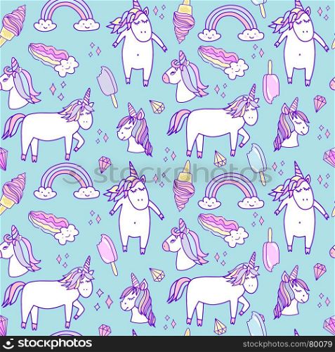 Seamless pattern with unicorns. Seamless pattern with unicorns, icecream, eskimo, diamonds, rainbow, confetti and other elements. Vector background with stickers, pins, patches, web and print design.