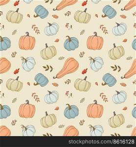 Seamless pattern with varied pumpkins and autumn leaves. Seamless background for autumn holidays, fabric, wrapping paper. Vector illustration in cartoon style. Seamless pattern with varied pumpkins and autumn leaves. Seamless background for autumn holidays, fabric, wrapping paper.