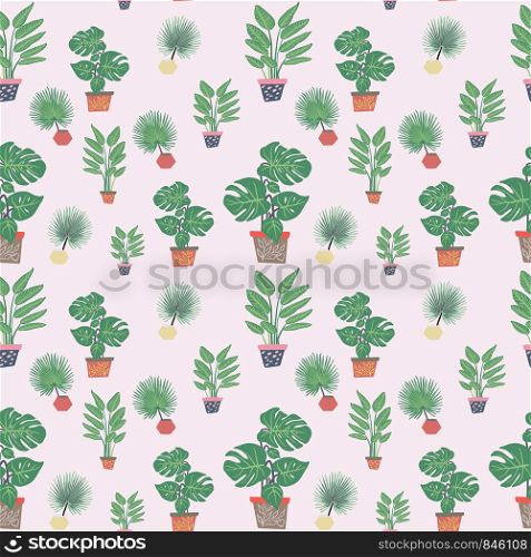 Seamless pattern with variety tropical green houseplants in pots and white background. Tropical leaves on background. Postcard, banner, app design. . Seamless pattern with variety tropical green houseplants in pots and white background.