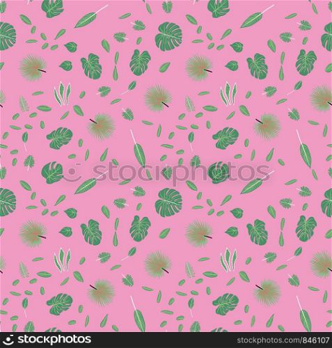 Seamless pattern with variety tropical green leaves and pink background. Tropical leaves on background. Postcard, banner, app design. . Seamless pattern with variety tropical green leaves and pink background.