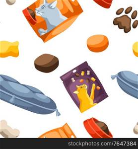 Seamless pattern with various cat items. Illustration of food and couch.. Seamless pattern with various cat items.