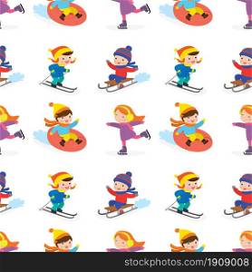 Seamless pattern with various children go in for winter sports. Active spending winter time. School kids with ski, sledges, skates. Funny texture on white background. Flat vector illustration. Seamless pattern with various children go in for winter sports. Active spending winter time. School kids with ski, sledges, skates.