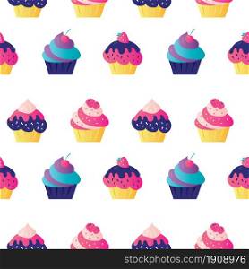 Seamless pattern with various cupcakes. Various sweets on white background. Confectionery with decorated berries and sprinkles. Desserts, pastries and delicious muffins. Flat vector illustration. Seamless pattern with various cupcakes. Various sweets on white background. Confectionery with decorated berries and sprinkles
