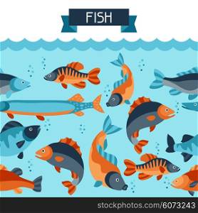 Seamless pattern with various fish. Background made without clipping mask. Easy to use for backdrop, textile, wrapping paper.