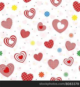Seamless pattern with various forms red and pink hearts, stylish Valentine vector illustration
