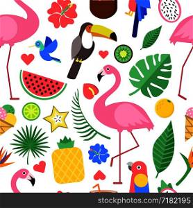 Seamless pattern with various pictures of tropical flowers and other plants. Seamless blossom plant, watermelon and pineapple, flamingo bird background. Vector illustration. Seamless pattern with various pictures of tropical flowers and other plants