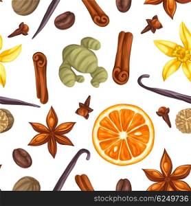Seamless pattern with various spices. Illustration of anise, cloves, vanilla, ginger and cinnamon.