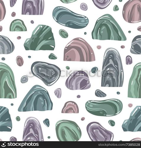 Seamless pattern with various stones in cartoon style. Vector background with rocks for fabric, wallpaper, covers.. Seamless pattern with various stones in cartoon style. Vector background with rocks for fabric, wallpaper, covers