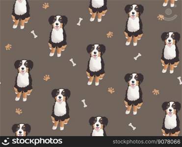 Seamless pattern with vector big cute cartoon Bernese mountain dog sitting and smiling, isolated on dark background. Domestic happy animals. Seamless pattern with vector big cute cartoon Bernese mountain dog sitting and smiling on dark background. Domestic happy pets