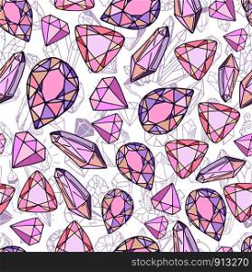 Seamless pattern with vector geometric pink, purple crystals or gems, jewelry diamonds, quartz on white background, for the design of textiles, wrapping paper. New Crystals Set