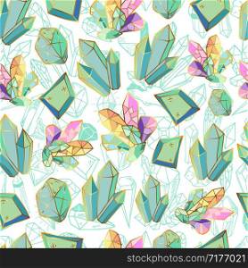 Seamless pattern with vector geometric turquoise crystals or gems, jewelry diamonds, quartz on white background, for the design of textiles, wrapping paper. New Crystals Set