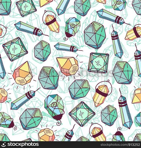 Seamless pattern with vector geometric turquoise crystals or gems, jewelry diamonds, quartz on white background, for the design of textiles, wrapping paper. New Crystals Set