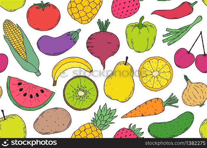 Seamless pattern with vegetables and fruits in hand drawn style on white background.
