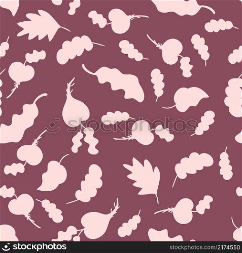 Seamless pattern with vegetables beets and leaves silhouettes. Perfect for T-shirt, textile and print. Hand drawn vector illustration for decor and design.
