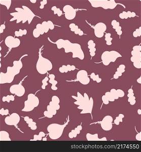 Seamless pattern with vegetables beets and leaves silhouettes. Perfect for T-shirt, textile and print. Hand drawn vector illustration for decor and design.