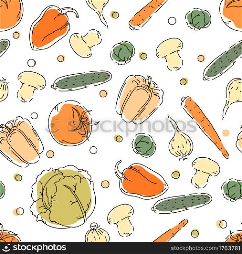 Seamless pattern with vegetables. Circuit. Vector background. Menu decoration.