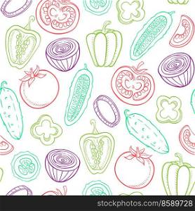 Seamless pattern with vegetables. Hand drawn vector background. Healthy eating concept