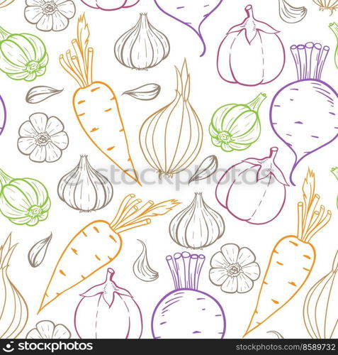 Seamless pattern with vegetables. Hand drawn vector background. Healthy eating concept