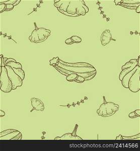 Seamless pattern with vegetables. Linear hand drawings Pumpkin, striped zucchini with squash vegetables on light green background. Vector illustration. For design, decor, wallpaper, packaging
