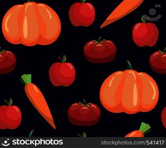 Seamless pattern with vegetables. Tomato, carrot and pumpkin. Vegetables on black background.. Seamless pattern with vegetables. Vegetables on black background. Tomato, carrot and pumpkin