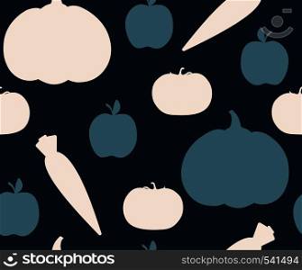 Seamless pattern with vegetables. Vegetables on black background. Tomato, carrot and pumpkin. Seamless pattern with vegetables. Vegetables on black background.