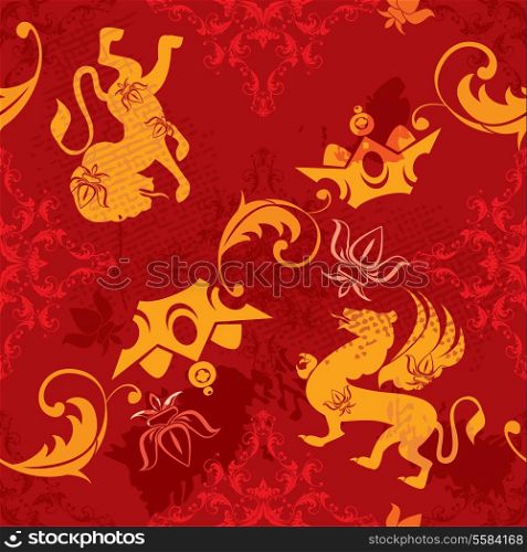 Seamless pattern with vintage heraldic silhouettes elements - icons of crown, lion, griffin, fleur de lis