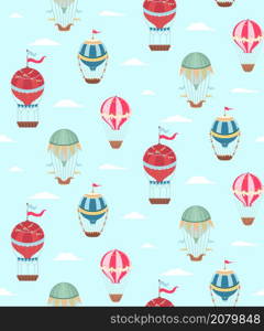 Seamless pattern with vintage hot air balloons with ribbons and flags on blue background with cloud. Wallpaper with retro air transport in sky. Vector flat texture with cartoon balloons for fabric. Seamless pattern with vintage hot air balloons with ribbons and flags on blue background with cloud. Wallpaper with retro air transport in sky. Vector flat texture