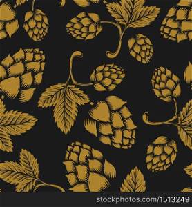 Seamless pattern with vintage illustrations of beer hop. Design element for poster, clothes decoration, card, banner. Vector illustration