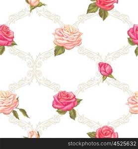 Seamless pattern with vintage roses. Decorative retro flowers. Easy to use for backdrop, textile, wrapping paper, wallpaper.