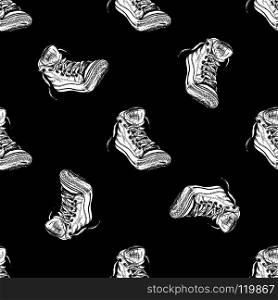 Seamless pattern with vintage sneakers, vector on black background. Seamless pattern with vintage sneakers