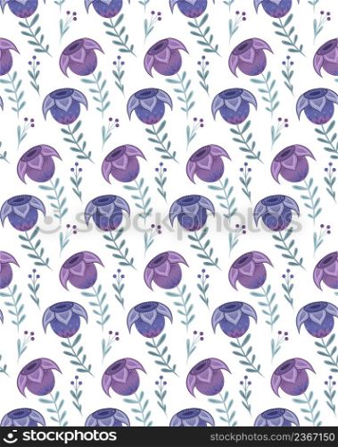 Seamless pattern with violet flowers on stems with folk arts on white background. Vector texture with tulip and berries with naive ornaments. Natural fabric swatch with floral decoration. Seamless pattern with violet flowers on stems with folk arts on white background. Vector texture with tulip and berries with naive ornaments.