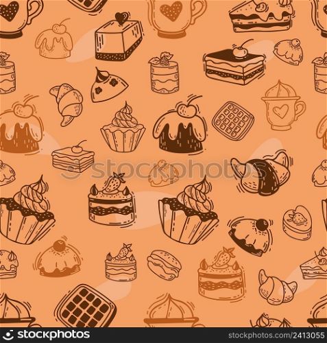 Seamless pattern with waffles, croissants, cakes, cream desserts and cupcakes on orange background. Vector illustration. Linear hand drawn doodles for design and decor, wallpapers and textiles