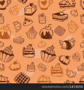 Seamless pattern with waffles, croissants, cakes, cream desserts and cupcakes on orange background. Vector illustration. Linear hand drawn doodles for design and decor, wallpapers and textiles