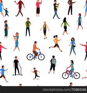Seamless pattern with walking people. Persons in casual clothes, crowd walks in city. Vector flat illustration sketch cartoon fitness active human on white background. Seamless pattern with walking people. Persons in casual clothes, crowd walks in city. Vector illustration sketch cartoon fitness active human
