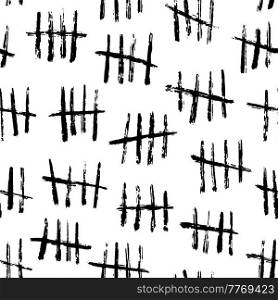 Seamless pattern with wall tally marks. Textile grungy print, vector backdrop or wallpaper with black paint brushstrokes or ink lines for time, passed days number counting. Seamless pattern with wall tally paint, ink marks
