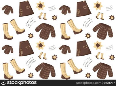 Seamless pattern with warm clothes, boots, skirt, jacket. Brown, beige. Vector illustration. Style design for banners, cover, notebook, fabric, clothing, papers, template, social networks. Seamless pattern with warm clothes, boots, skirt, jacket. Brown, beige. Vector illustration