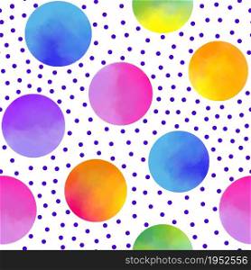 Seamless pattern with watercolor circles and dots on white background.