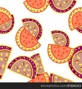 Seamless pattern with watermelon slices. Cute fruit backdrop. Food design for fabric, textile print, wrapping, cover. Vector illustration. Seamless pattern with watermelon slices. Cute fruit backdrop
