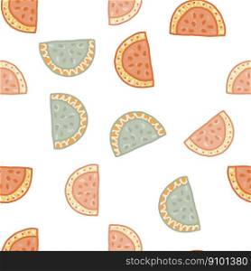 Seamless pattern with watermelon slices. Cute fruit backdrop. Food design for fabric, textile print, wrapping, cover. Vector illustration. Seamless pattern with watermelon slices. Cute fruit backdrop