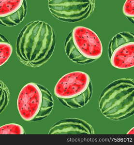 Seamless pattern with watermelons and slices. Summer fruit decorative illustration.. Seamless pattern with watermelons and slices.