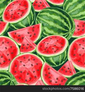 Seamless pattern with watermelons and slices. Summer fruit decorative illustration.. Seamless pattern with watermelons and slices.