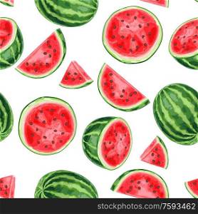 Seamless pattern with watermelons and slices. Summer fruit decorative illustration.. Seamless pattern with watermelons and slices.