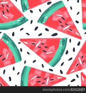 Seamless pattern with watermelons. Hand drawn watermelon slices and seeds endless wallpaper. Cute fruit backdrop. Food design for fabric, textile print, wrapping, cover. Vector illustration. Seamless pattern with watermelons. Hand drawn watermelon slices and seeds endless wallpaper. Cute fruit backdrop.Food design for fabric, textile print, wrapping, cover. Vector illustration