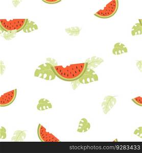 Seamless pattern with watermelons. Pieces of watermelon with tropical leaves on white background. Vector illustration in flat style 