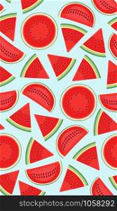 Seamless pattern with watermelons, slice of watermelon on blue background, Tropical fruit pattern, Summer texture.