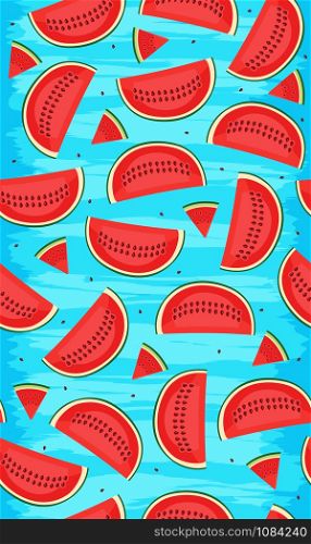 Seamless pattern with watermelons, slice of watermelon vector illustration on grunge blue background, Tropical fruit pattern, Summer texture.