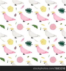 Seamless pattern with white and pink parrots cockatoo, tropical leaves and flowers. Cute baby print for fabric and textile.. Seamless pattern with white and pink parrots cockatoo and tropical leaves and flowers.