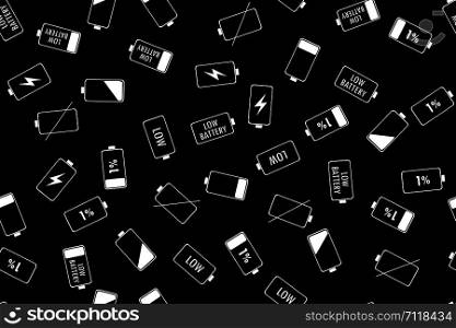 Seamless pattern with white Battery Indicator Icons on black, funny texture background,vector illustration. Seamless pattern with white Battery Indicator Icons on black,